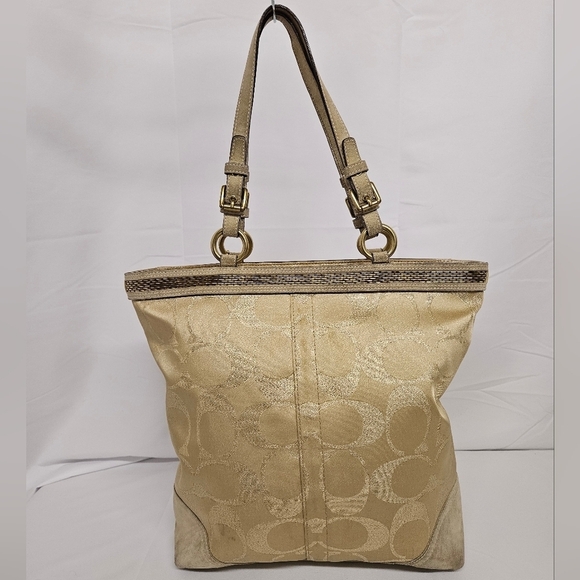 Coach Signature F06J-10390 Beaded Tote Bag In Canvas And Suede In Gold And Tan - Picture 3 of 15